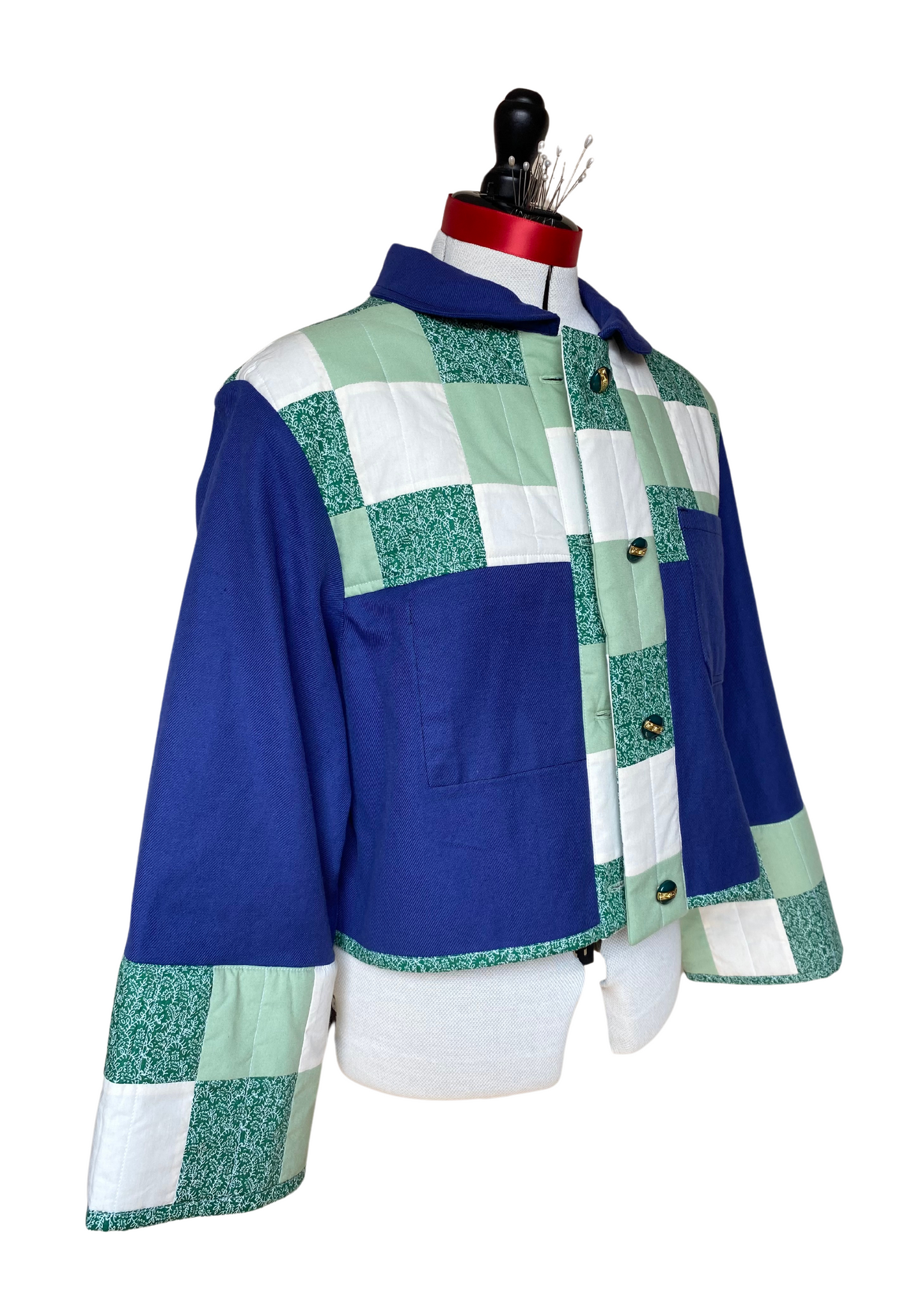 Veste de travail upcyclé - Toile bleu et Patchwork vert - Taille unique