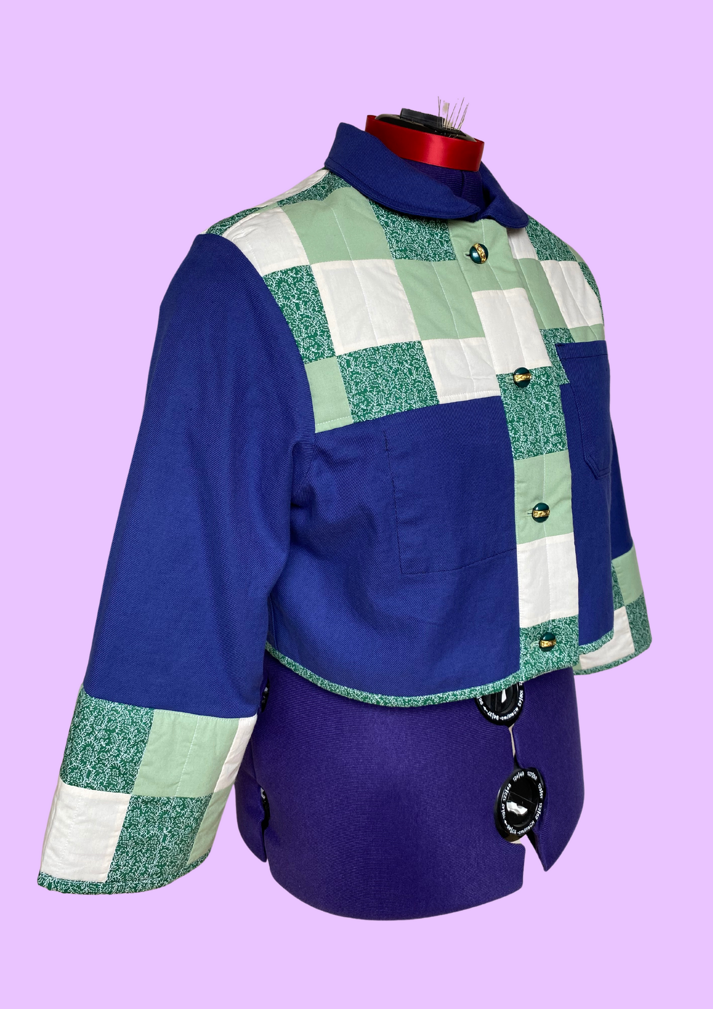 Veste de travail upcyclé - Toile bleu et Patchwork vert - Taille unique