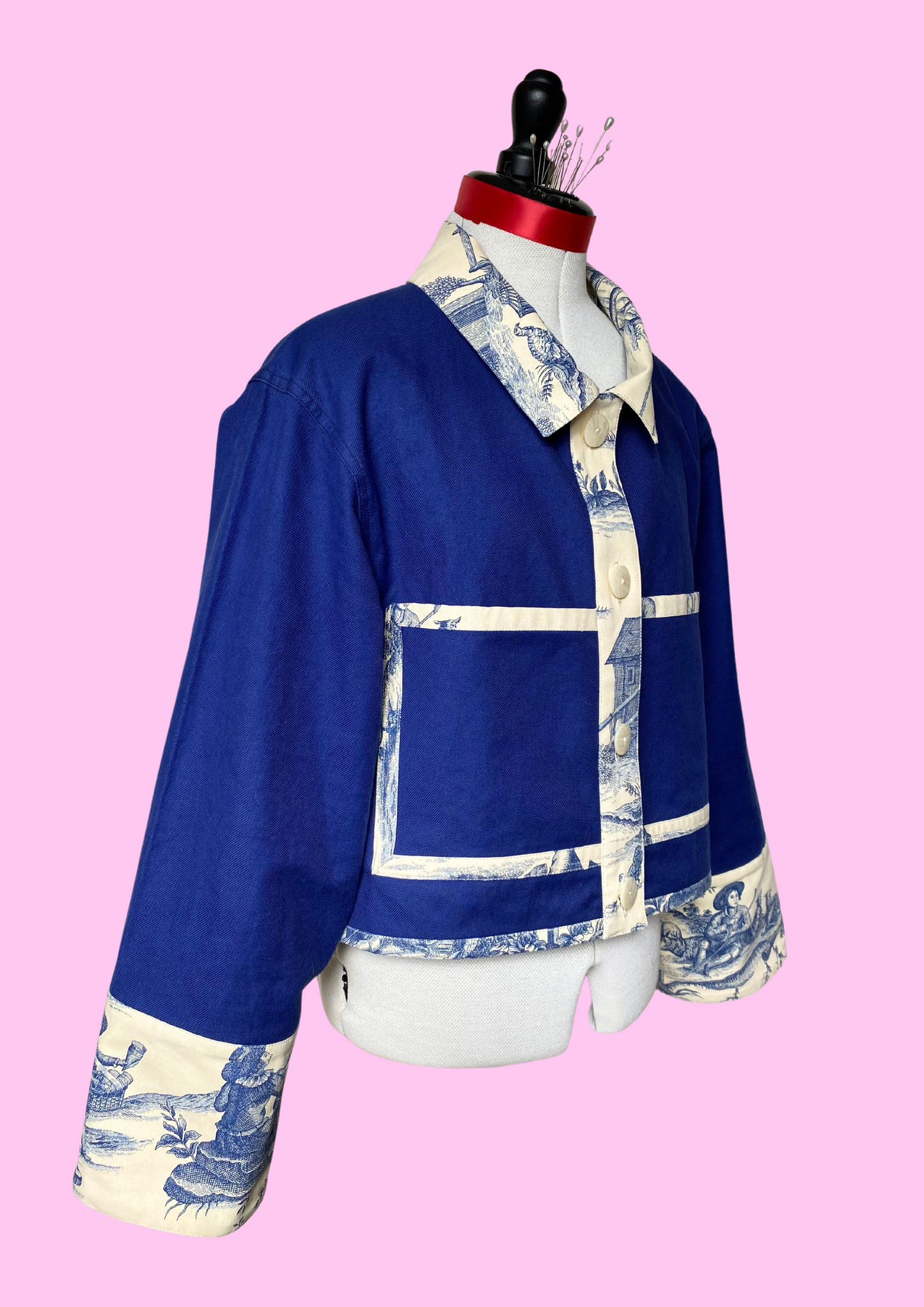 Veste de travail upcyclé - Toile de coton bleu et toile de Jouy - Taille unique