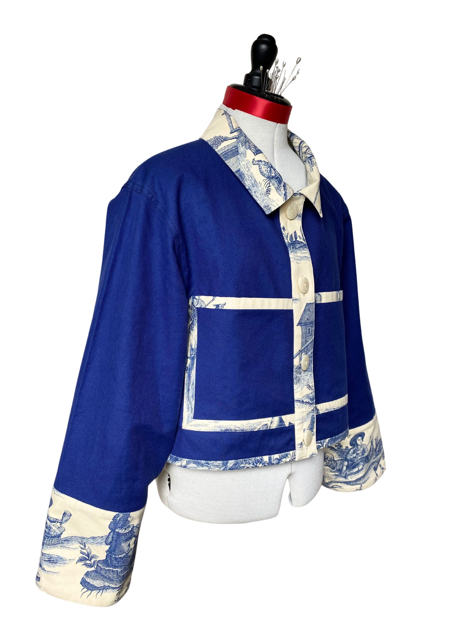 Veste de travail upcyclé - Toile de coton bleu et toile de Jouy - Taille unique