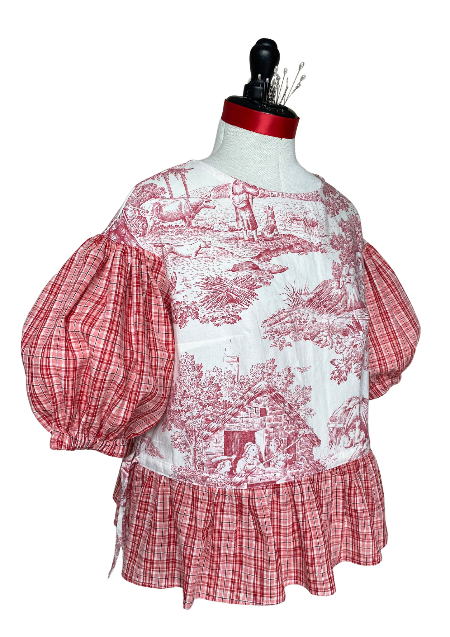 Blouse Lilial - Toile de Jouy rouge et carreaux rose et rouge - Taille 1