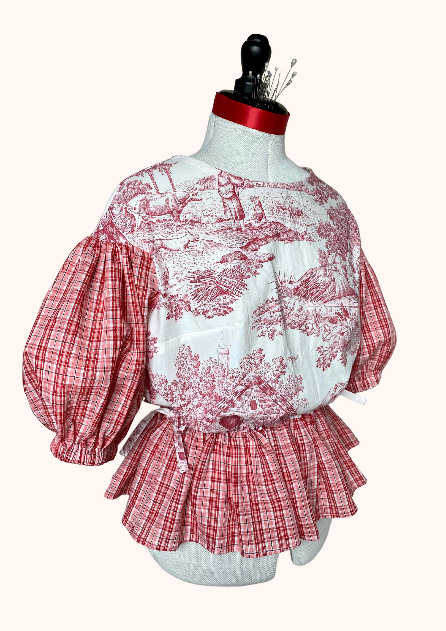Blouse Lilial - Toile de Jouy rouge et carreaux rose et rouge - Taille 1