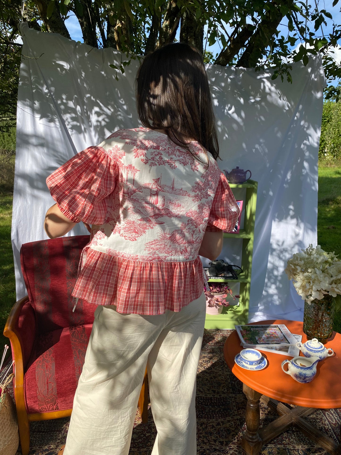 Blouse Lilial - Toile de Jouy rouge et carreaux rose et rouge - Taille 1