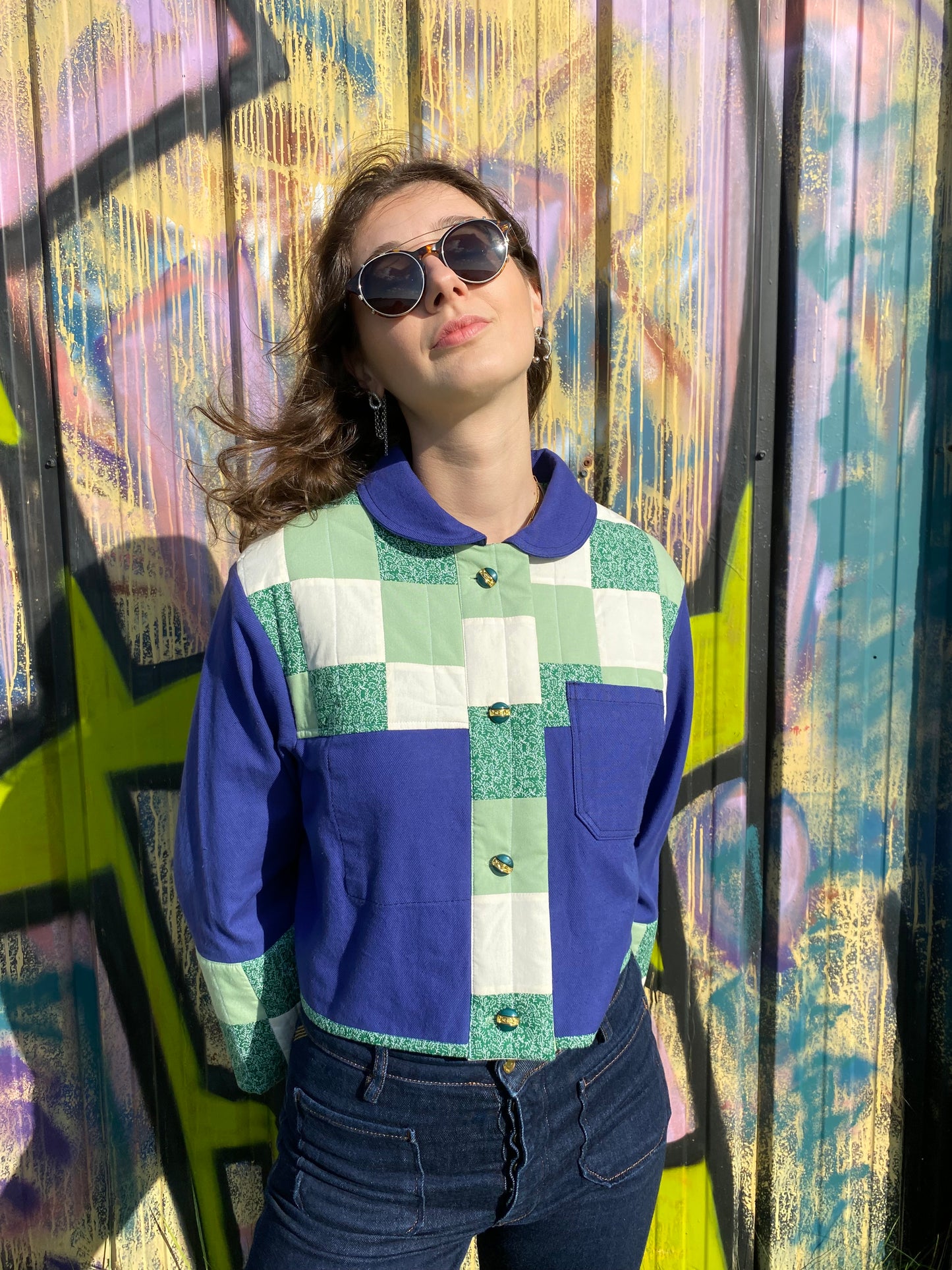 Veste de travail upcyclé - Toile bleu et Patchwork vert - Taille unique