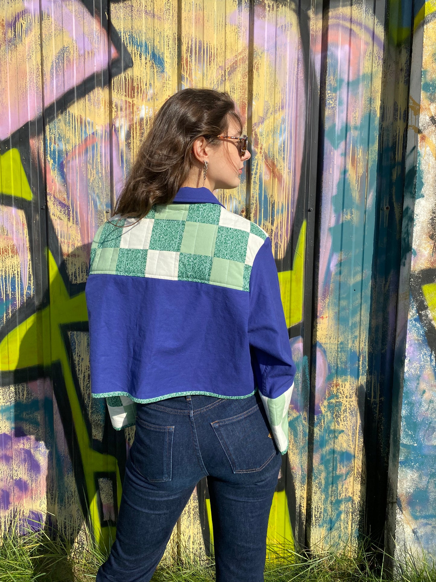 Veste de travail upcyclé - Toile bleu et Patchwork vert - Taille unique