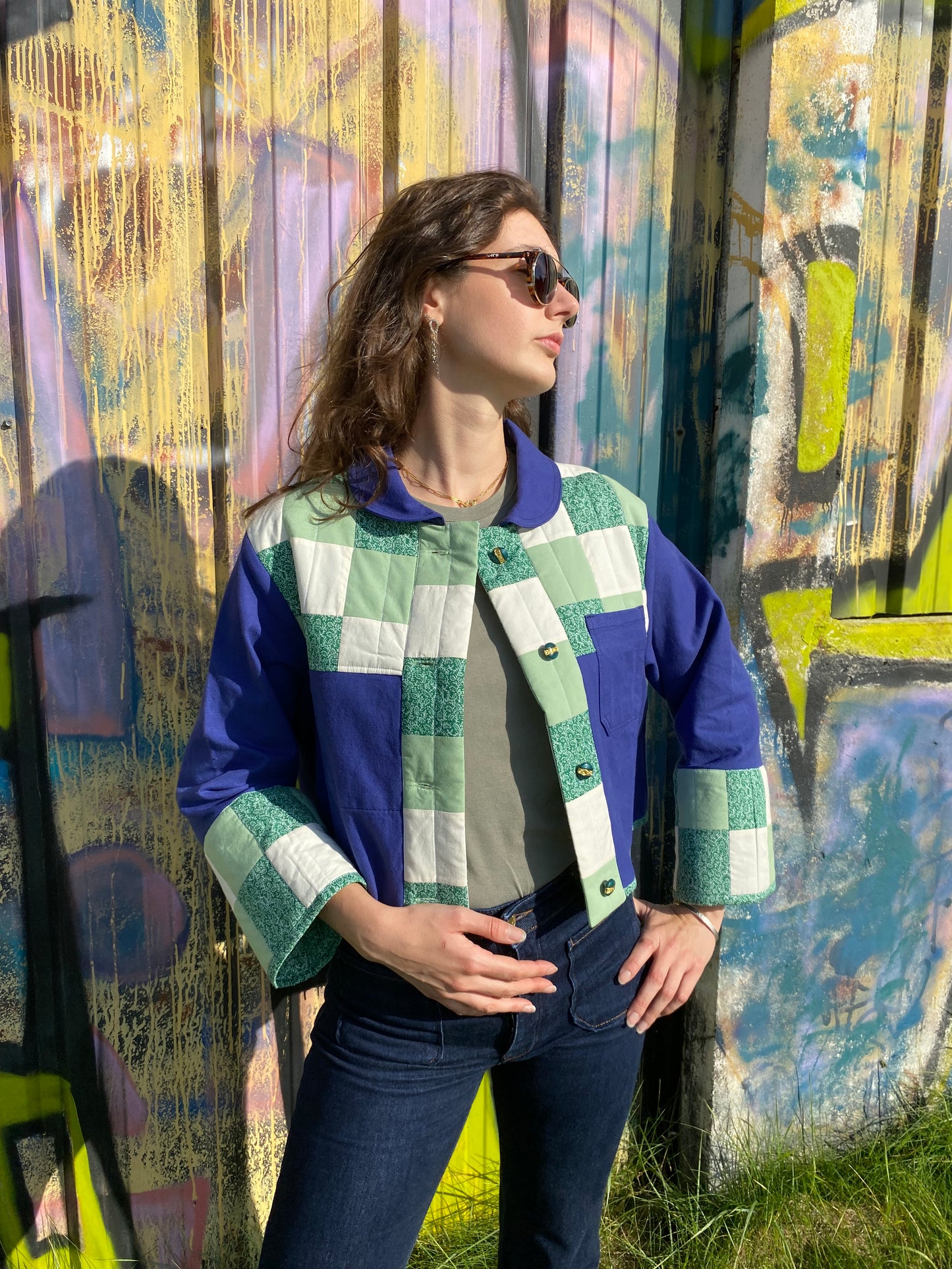 Veste de travail upcyclé - Toile bleu et Patchwork vert - Taille unique