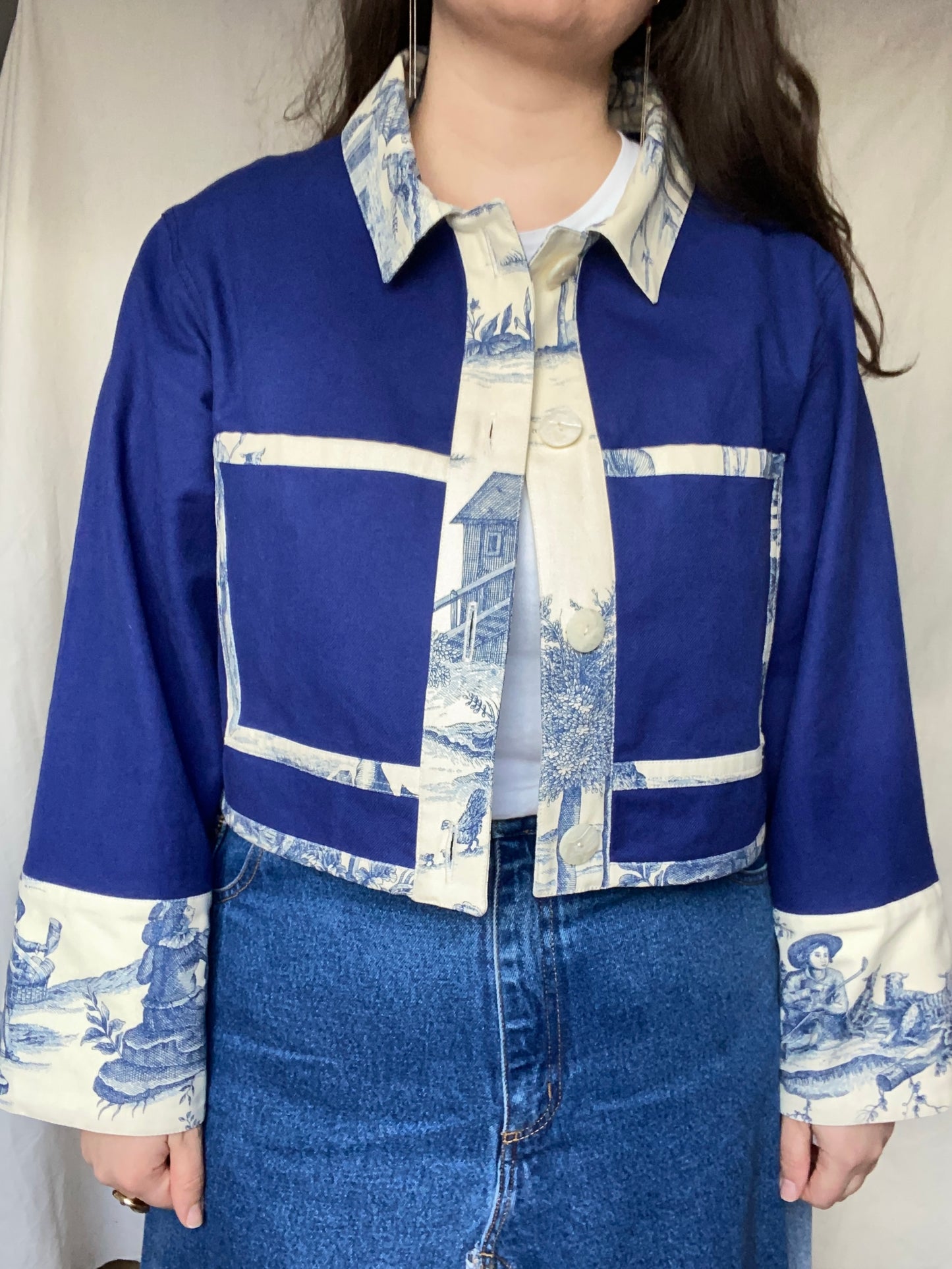 Veste de travail upcyclé - Toile de coton bleu et toile de Jouy - Taille unique