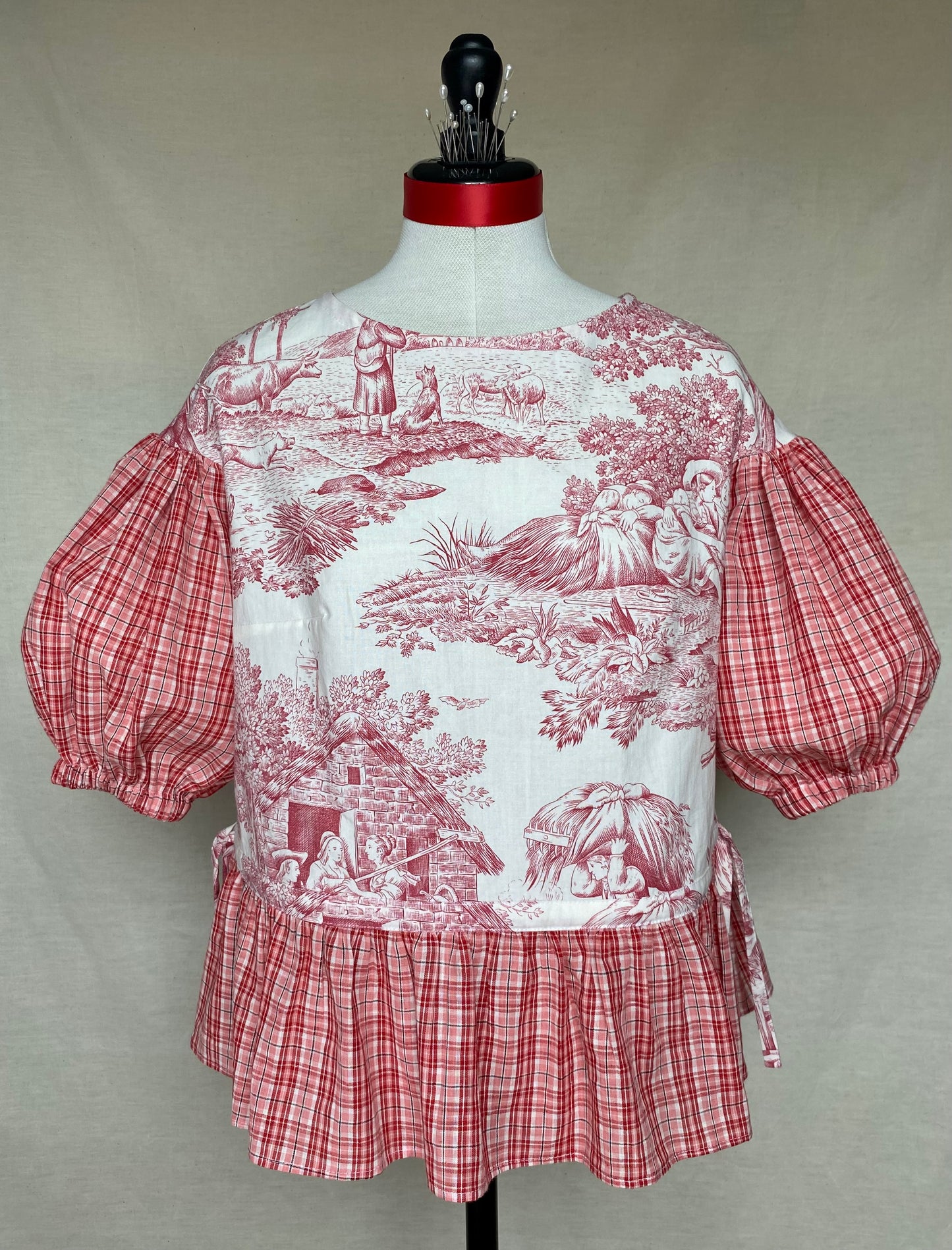Blouse Lilial - Toile de Jouy rouge et carreaux rose et rouge - Taille 1