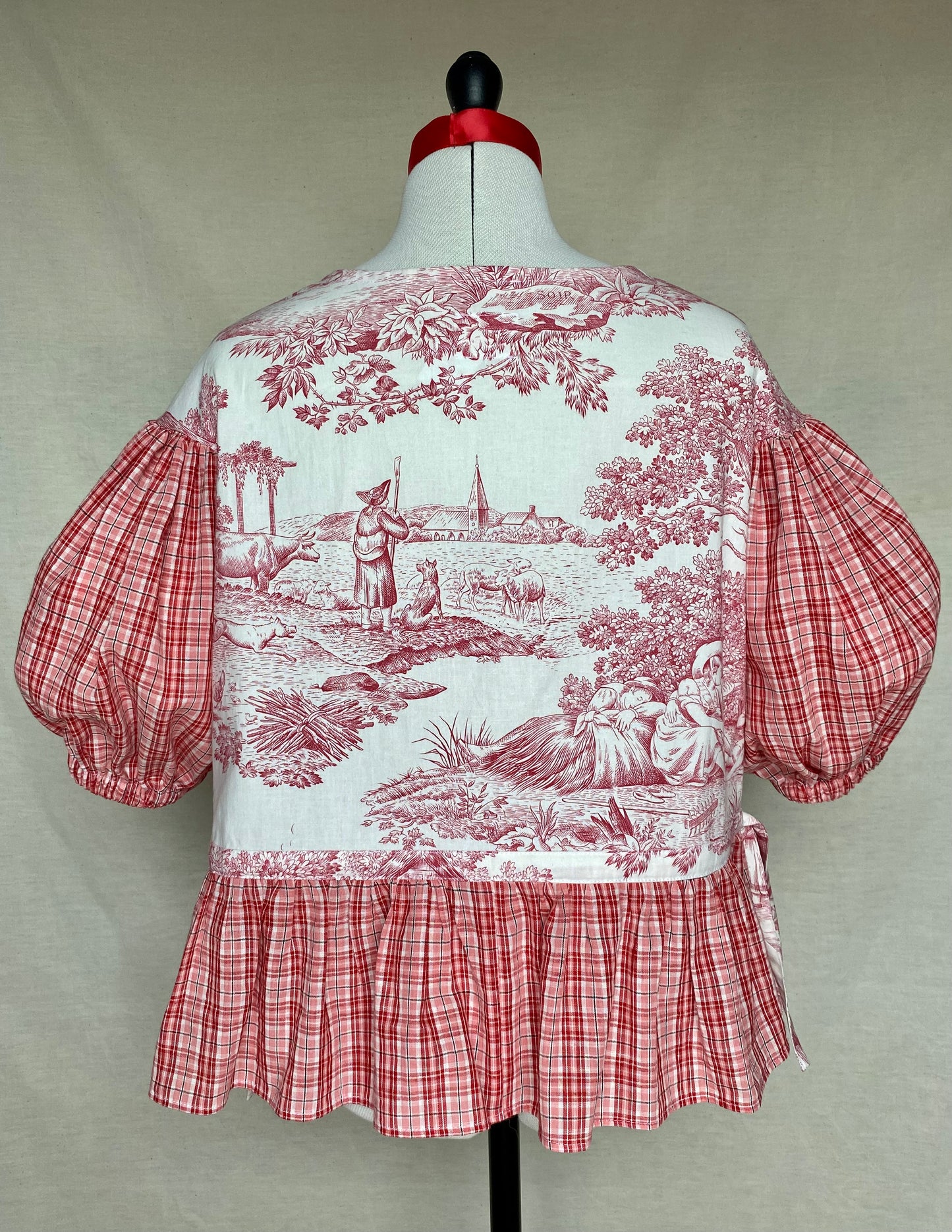 Blouse Lilial - Toile de Jouy rouge et carreaux rose et rouge - Taille 1