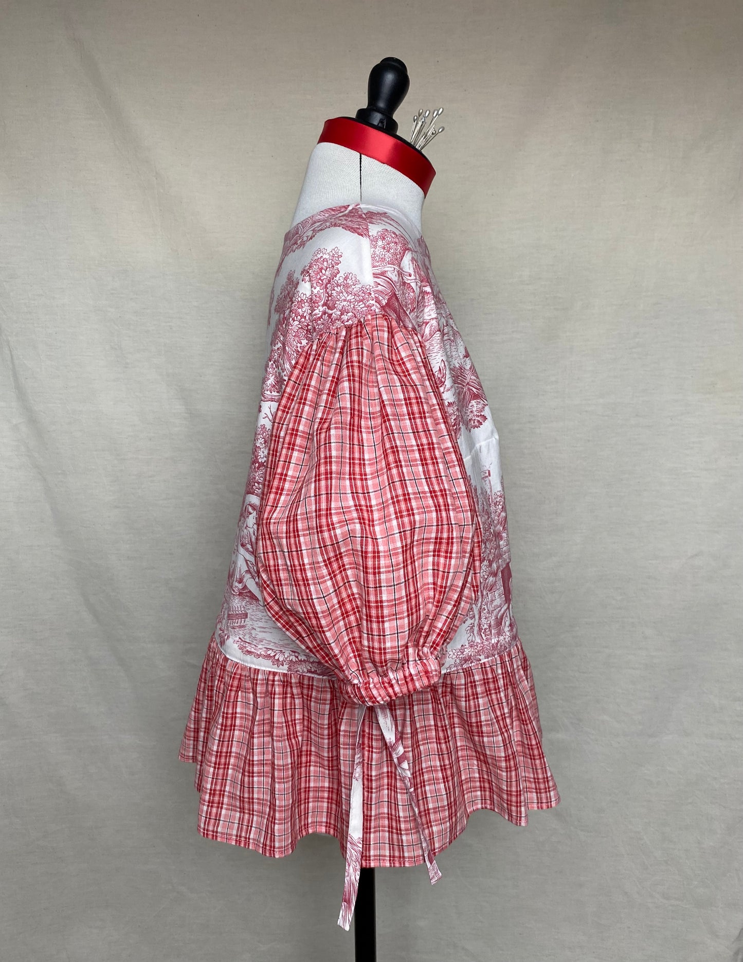Blouse Lilial - Toile de Jouy rouge et carreaux rose et rouge - Taille 1