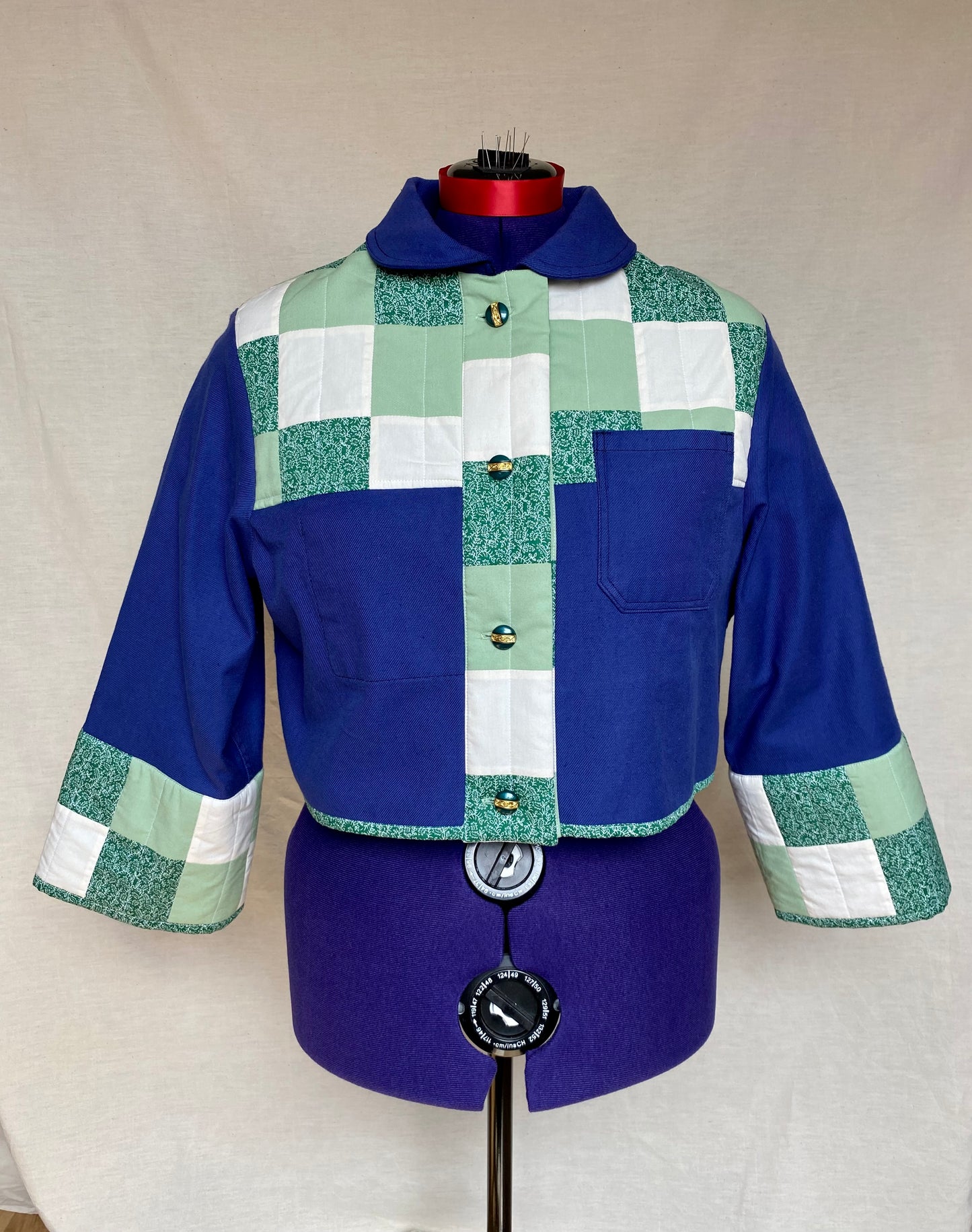 Veste de travail upcyclé - Toile bleu et Patchwork vert - Taille unique