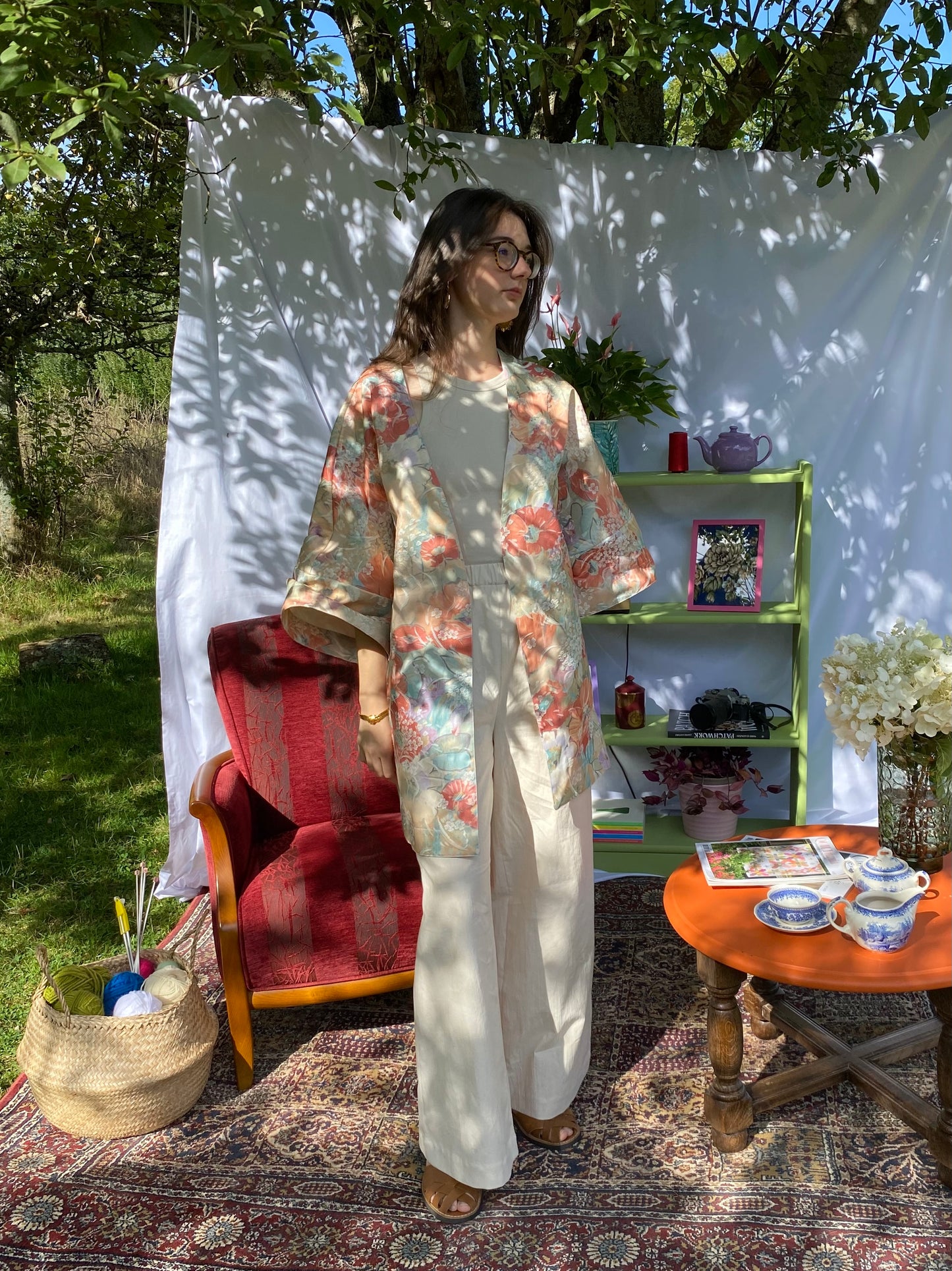Kimono Damascena - Fleuri Beige Orangé - Taille unique
