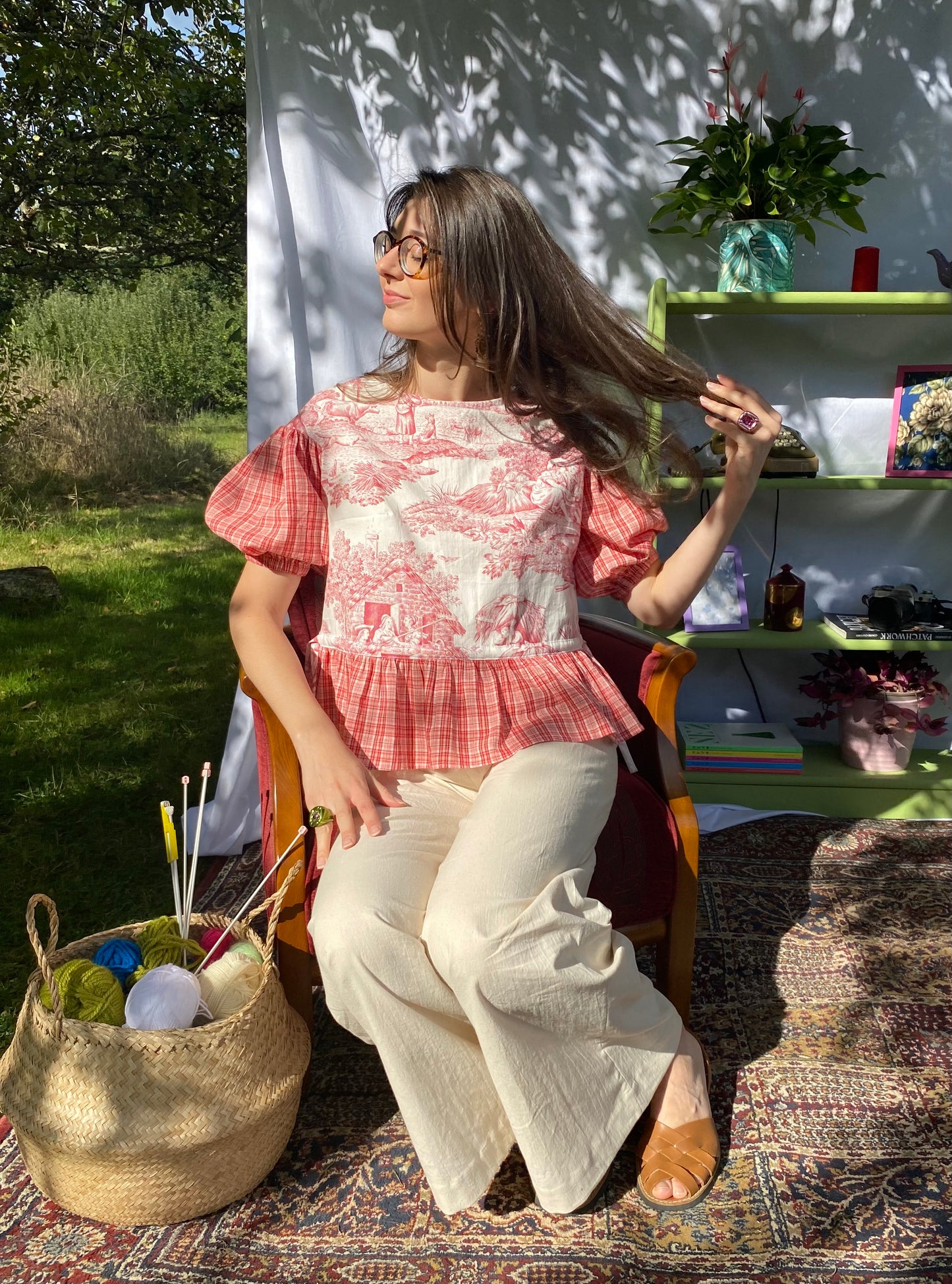 Blouse Lilial - Toile de Jouy rouge et carreaux rose et rouge - Taille 1