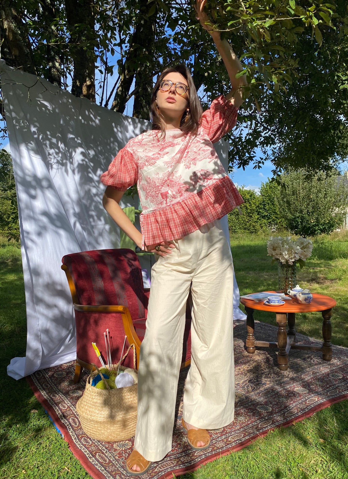 Blouse Lilial - Toile de Jouy rouge et carreaux rose et rouge - Taille 1