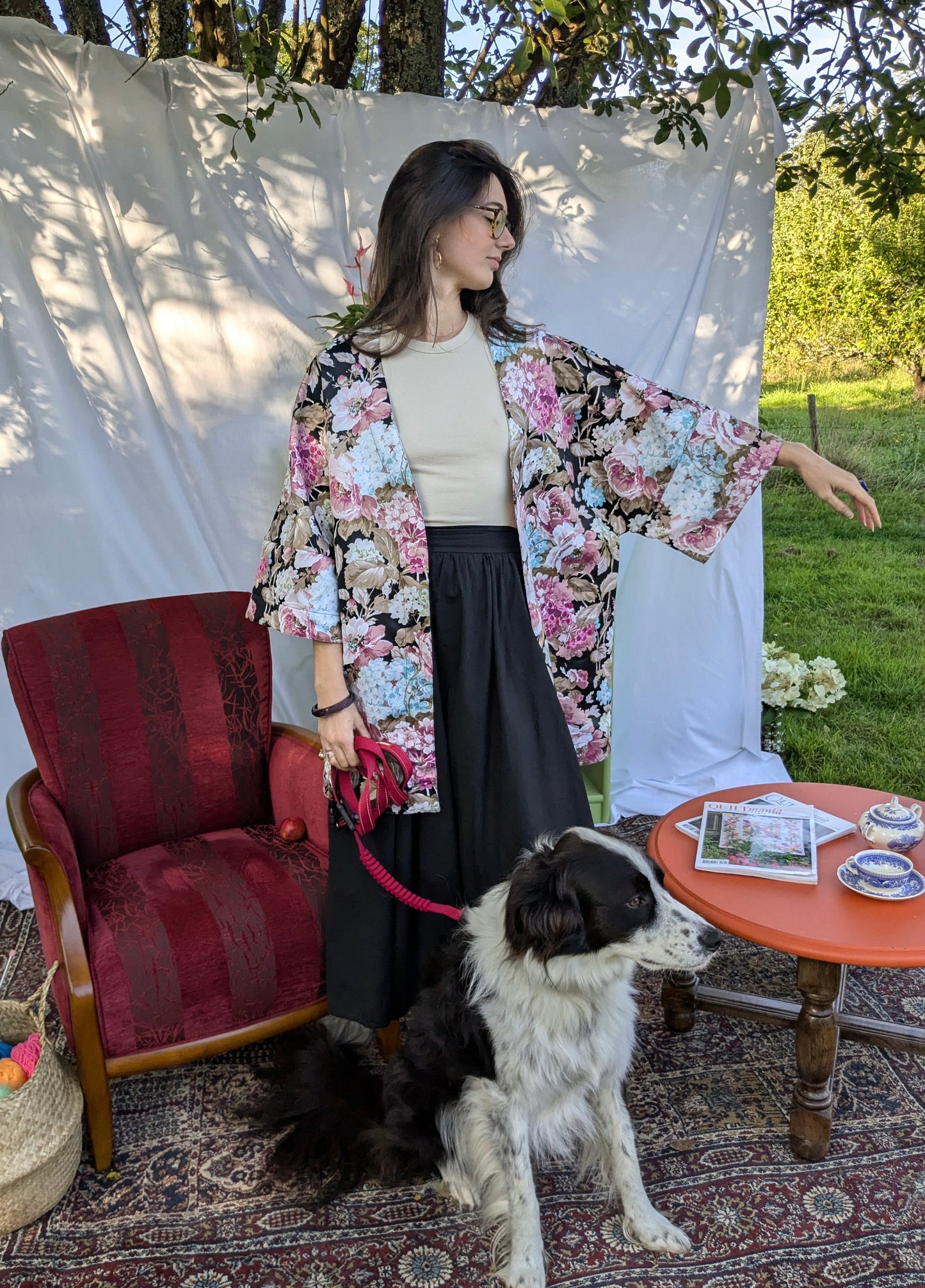 Kimono Damascena - Noir hortensias colorés - Taille unique