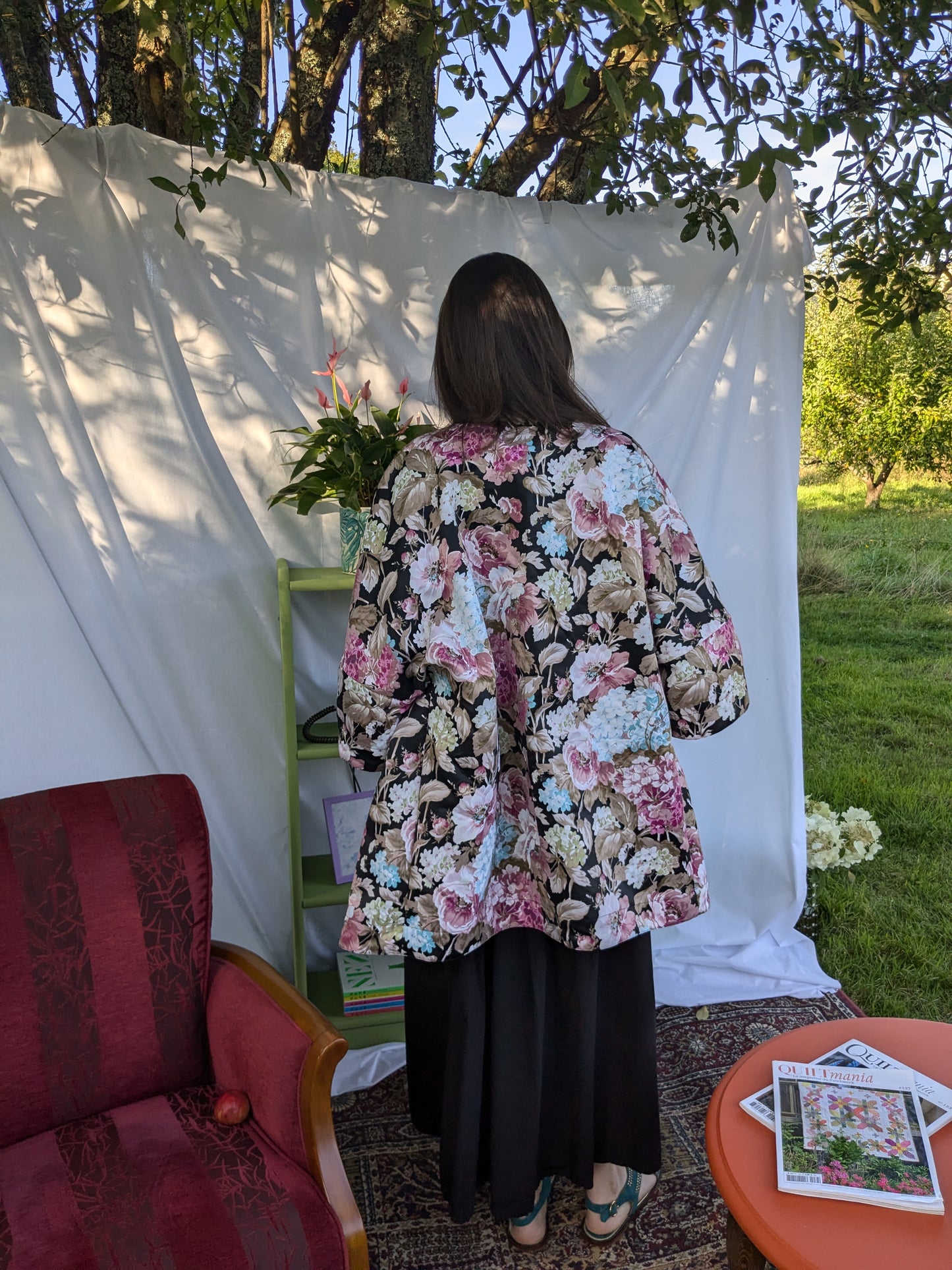 Kimono Damascena - Noir hortensias colorés - Taille unique