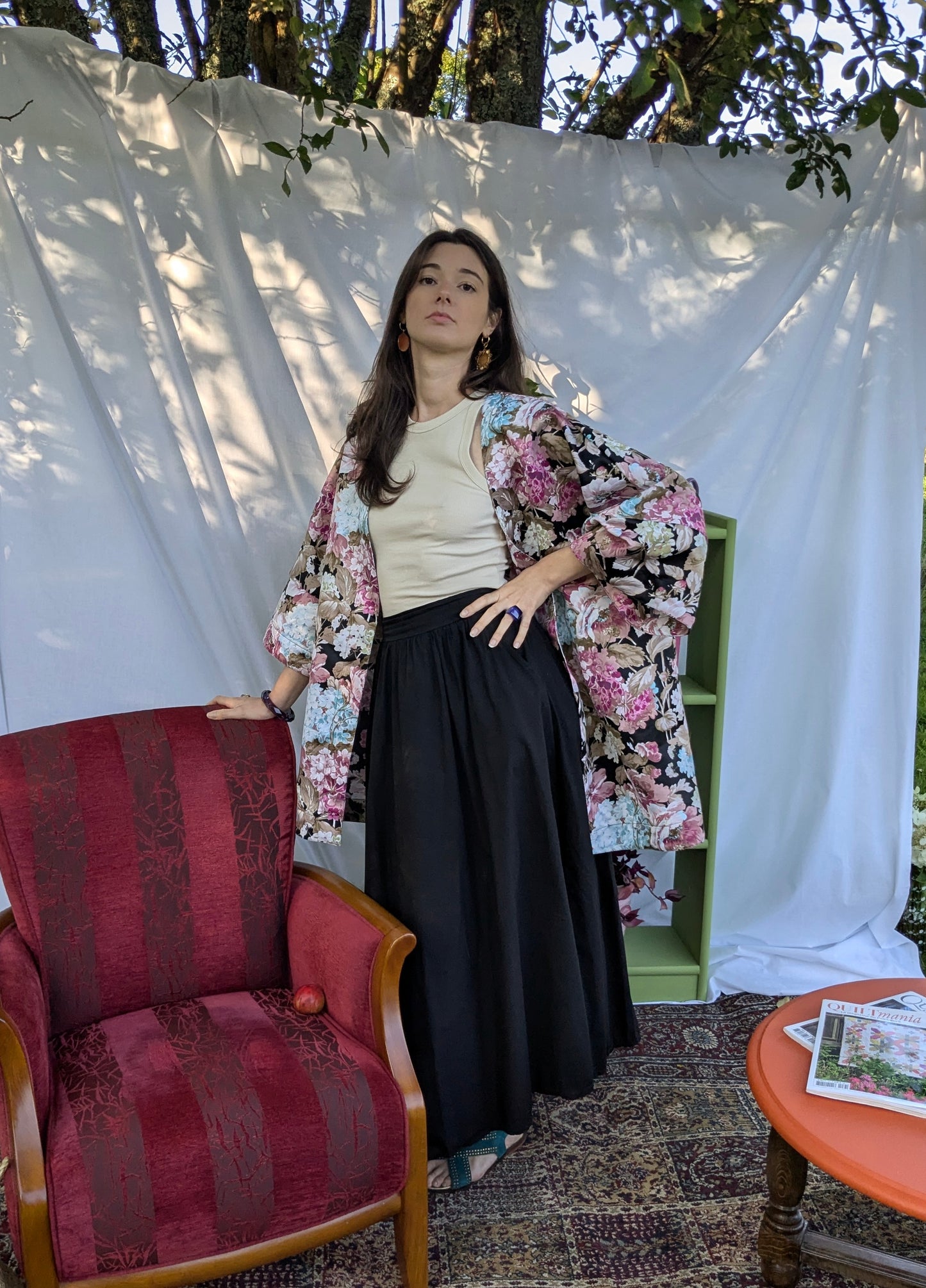 Kimono Damascena - Noir hortensias colorés - Taille unique
