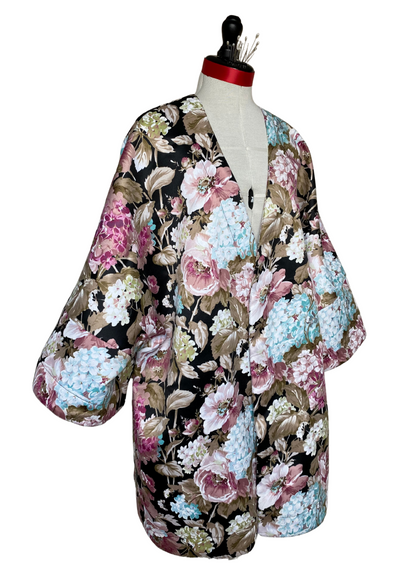 Kimono Damascena - Noir hortensias colorés - Taille unique