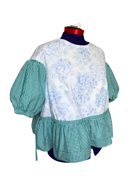 Blouse Lilial - Hortensias et vichy vert - Taille 3