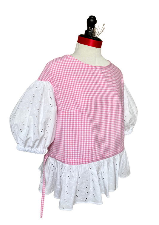 Blouse Lilial - Vichy rose et broderie anglaise blanche - Taille 1
