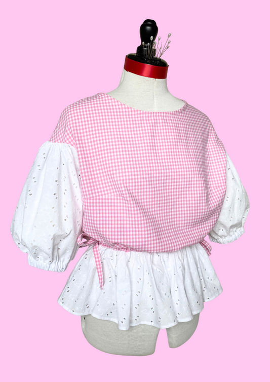 Blouse Lilial - Vichy rose et broderie anglaise blanche - Taille 1