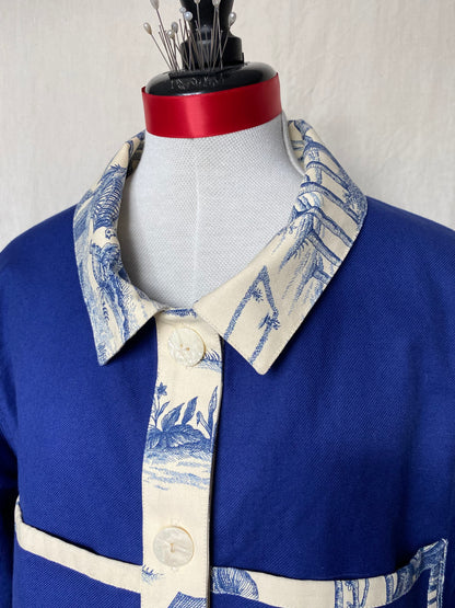 Veste de travail upcyclé - Toile de coton bleu et toile de Jouy - Taille unique