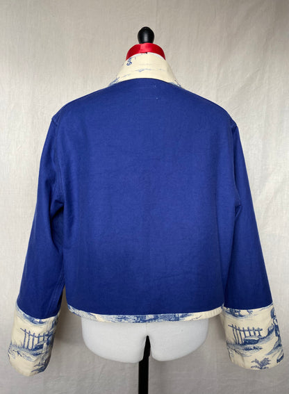 Veste de travail upcyclé - Toile de coton bleu et toile de Jouy - Taille unique