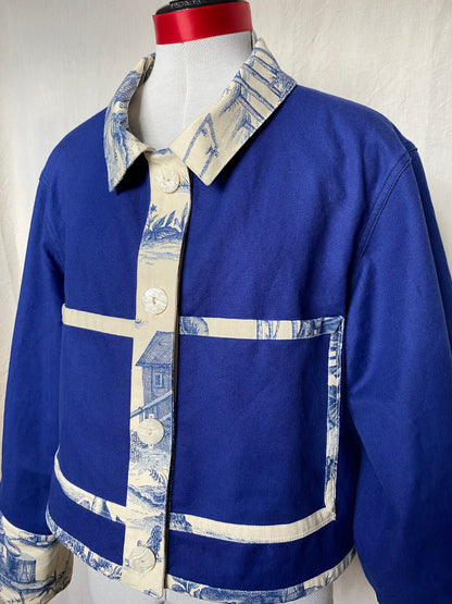 Veste de travail upcyclé - Toile de coton bleu et toile de Jouy - Taille unique