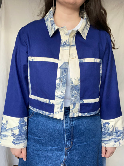 Veste de travail upcyclé - Toile de coton bleu et toile de Jouy - Taille unique