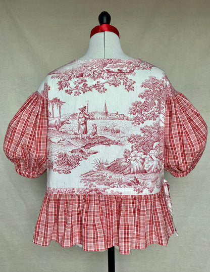 Blouse Lilial - Toile de Jouy rouge et carreaux rose et rouge - Taille 1