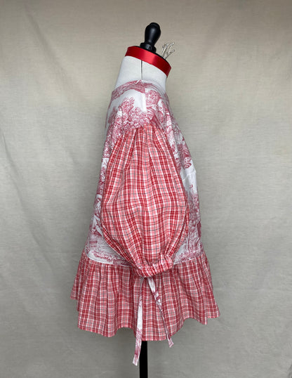 Blouse Lilial - Toile de Jouy rouge et carreaux rose et rouge - Taille 1