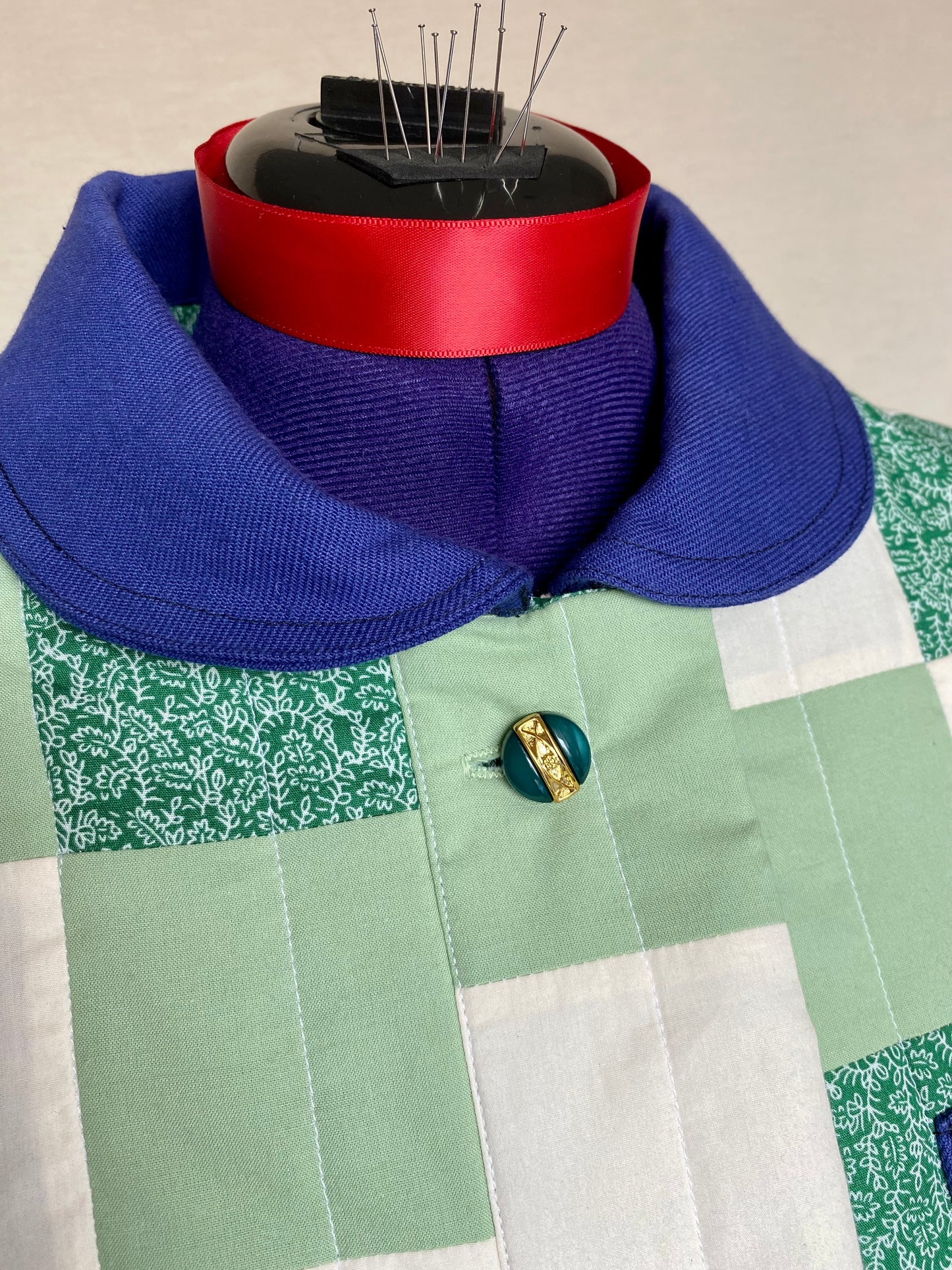 Veste de travail upcyclé - Toile bleu et Patchwork vert - Taille unique