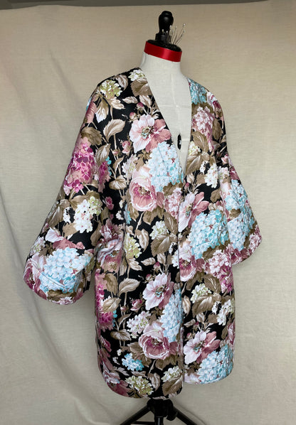 Kimono Damascena - Noir hortensias colorés - Taille unique